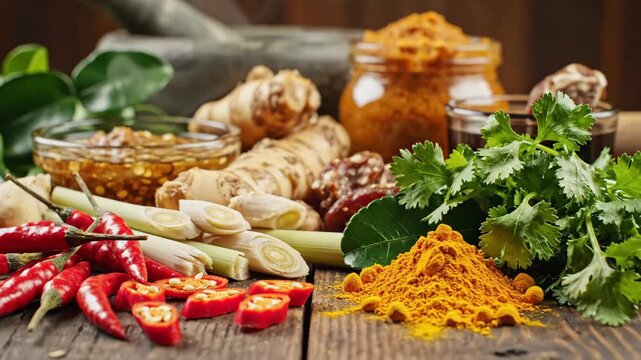 Thai Curry Ingredients Still Life - A vibrant still life showcases fresh ingredients commonly used in Thai curry.