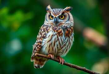 Obraz premium A wise owl perches on a branch, its gaze and posture clearly indicating a specific direction with an intelligent, focused expression, owl, powerful