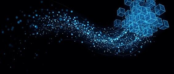 Abstract image showing glowing blue cubes with binary code emerging from stream of digital particles, symbolizing data processing, blockchain, and digital information