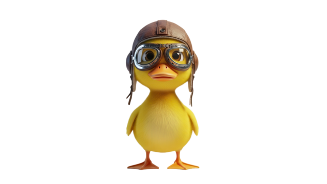 Cute Yellow Baby Duckling Wearing Aviator Hat and Goggles isolated PNG with Transparent Background - Powered by Adobe