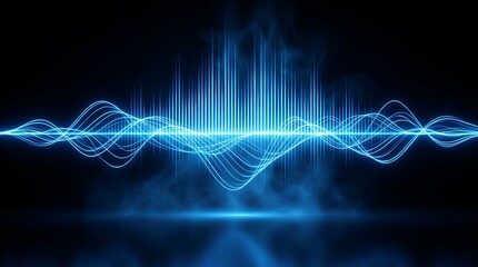 Blue sound wave equalizer with glowing lines on dark background, abstract digital audio visualization, technology background, music production, light reflections, data analysis