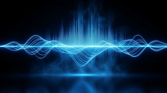 Blue sound wave equalizer with glowing lines on dark background, abstract digital audio visualization, technology background, music production, light reflections, data analysis - Powered by Adobe