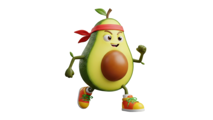 Running Avocado Cartoon Character with Headband and Sneakers isolated PNG with Transparent Background