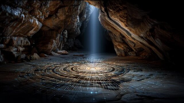 A cave with a light shining through it. The light is coming from a hole in the ceiling. The cave is dark and the light is the only source of illumination