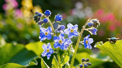 Close-up of vibrant blue flowers with yellow centers, water droplets, and iridescent beetles