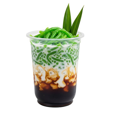 Refreshing cendol dessert in a plastic cup with palm sugar syrup isolated on transparent background, png
