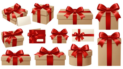 A collection of beautifully wrapped gifts with red ribbons and bows