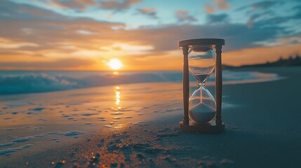 Hourglass on a beach at sunset with ocean waves time sand photo