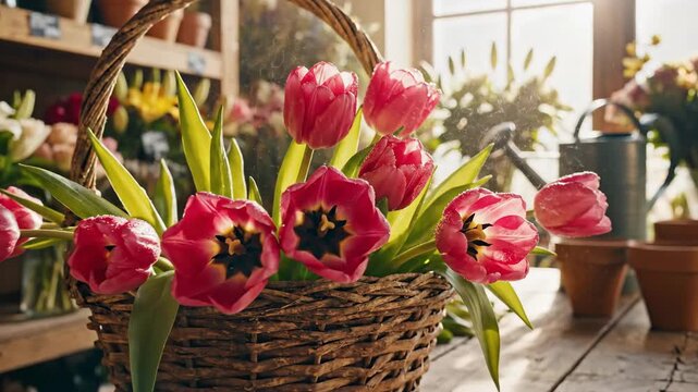 Close-up of vibrant red tulips in a wicker basket, with other flowers and a watering can in background
