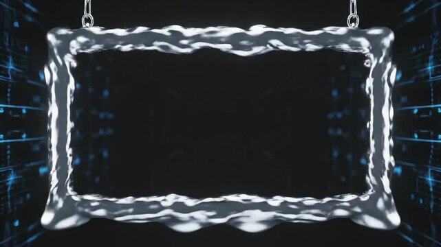 Chrome Frame Hanging in Cyber Space - The video shows an ornate, reflective chrome frame, hanging from chains, surrounded by a dark background with blue light patterns.