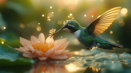 Hummingbird collecting tiny flower from a water lily with magical light effects lotus photo