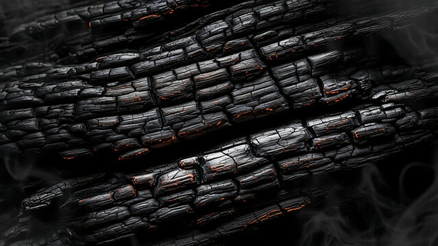 Burnt wooden logs with glowing embers and smoke in charred logs firewood burning - Powered by Adobe