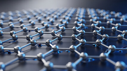 Obraz premium 3D rendering of graphene molecular structure with silver atoms and bonds on dark blue background
