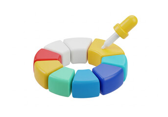 Colorful 3D pie chart segments with a dropper, representing data analysis and adjustment.