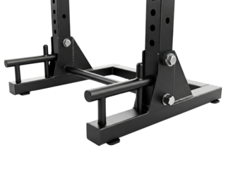 Black steel gym squat rack base frame with safety spotter bars on a transparent background