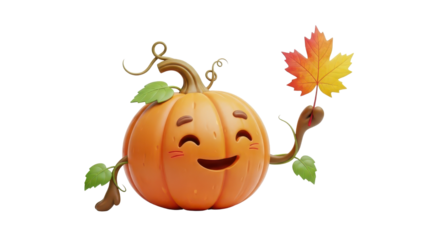 Cute Happy 3D Cartoon Pumpkin Character Holding a Colorful Autumn Maple Leaf isolated PNG with Transparent Background
