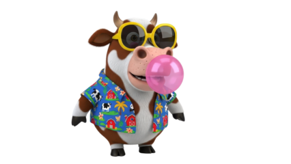 Isolated 3D Cartoon Cow Character in Summer Hawaiian Shirt Blowing Pink Bubble Gum isolated PNG with Transparent Background
