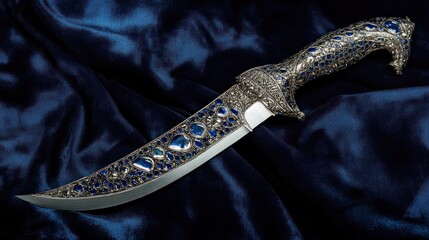 Ceremonial Kirpan, ornate silver hilt encrusted with uncut sapphires, blade made of solidified moonlight, resting on rich indigo velvet, spotlight