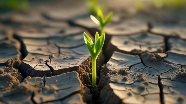 Vibrant green shoots defiantly breaking through arid, cracked earth, illustrating resilience, the power of life, and the enduring hope for new beginnings in challenging environmental landscapes
