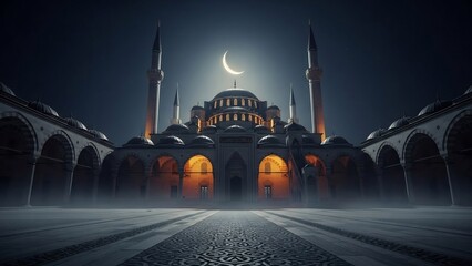 Nighttime Mosque Silhouette - A Majestic Architectural Marvel Under the Crescent Moon.