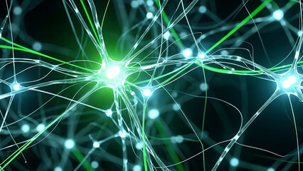 Neural network with glowing green and blue connections and nodes and neurons synapses technology