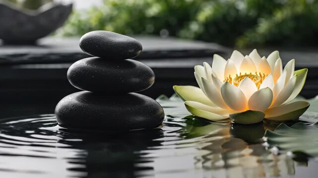 Zen Stones and Lotus Flower in Water - A stack of smooth, black zen stones sits in rippling water beside a blooming white and yellow lotus flower. The serene scene evokes a sense of calm and balance.