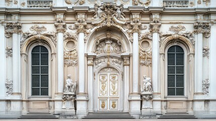 Ornate Baroque palace facade, gilded details, grand arches and statues, symmetrical composition, fine art photography