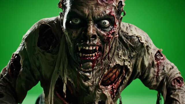 Creepy Zombie Crawling on Green Screen - A frightening zombie crawls menacingly towards the viewer, with grotesque wounds and a decaying appearance.