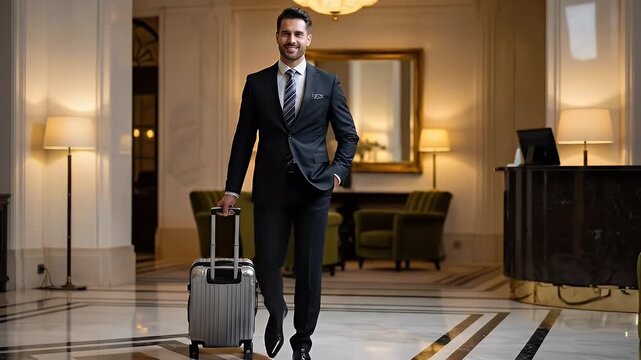Elegant Man in Dark Suit Pulling Suitcase Through Bright Hotel Lobby