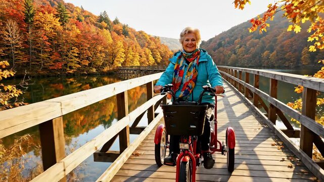 Active Senior Woman Riding Tricycle in Autumn - A happy senior woman is seen riding a red tricycle on a wooden bridge, surrounded by a scenic autumn landscape.