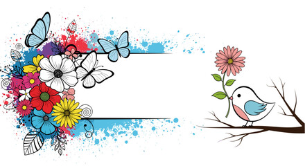 Obraz premium Colorful flower bouquet with butterflies on the left and a small bird perched on a branch on the right beside a pink bloom creating a bright decorative scene.