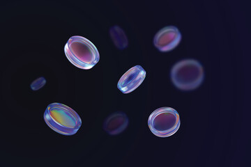3D vector realistic holographic iridescent glass coins flying, transparent crystal token, casino chip on dark background