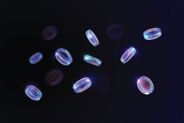 3D vector realistic holographic iridescent glass coins falling, transparent game token, casino chip, crystals on dark