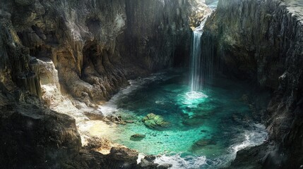 Interior of a vast coastal cavern, sunlight streaming through a fissure illuminating an emerald tide pool, intricate rock formations, high-angle shot