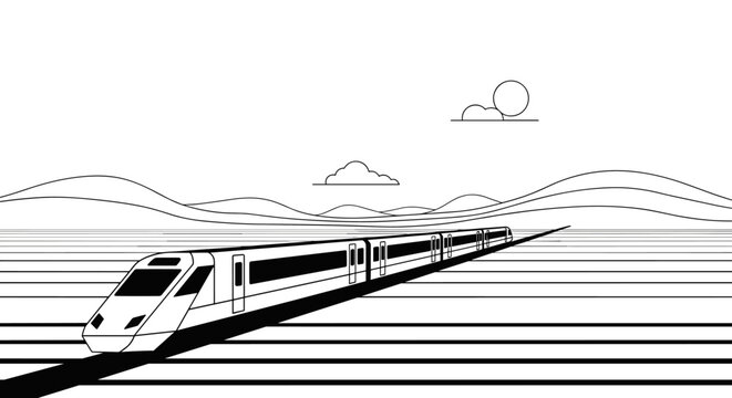 High speed train glides along parallel tracks across a wide landscape with distant hills and simple cloud filled sky in bold line art.