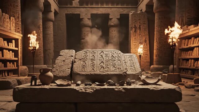 Ancient Egyptian Tomb Interior - This video showcases the interior of an ancient Egyptian tomb, featuring stone pillars and walls adorned with hieroglyphics.