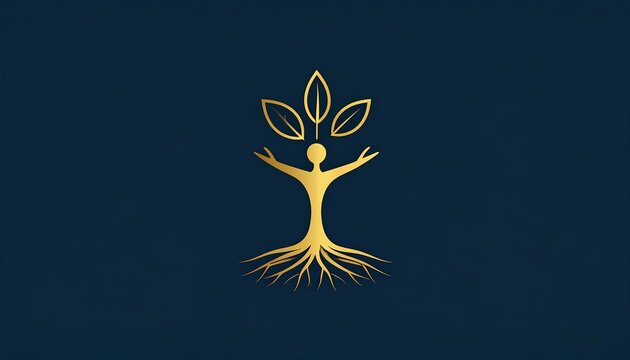 A golden logo presents a human-like figure morphing into a tree, reaching upwards with leaves and grounded by roots