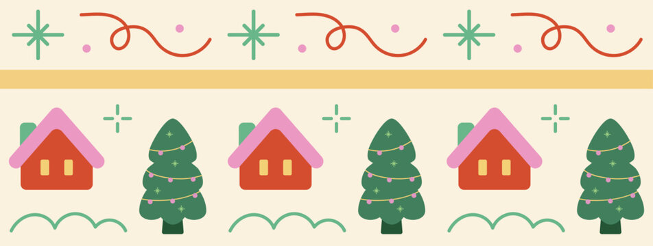 Cute Christmas Pattern with Christmas Tree, House and Sparks Illustration Background Border Ornament Dcoration