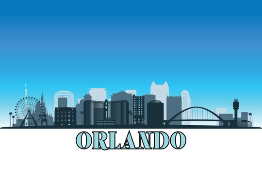 Global city Orlando shown in a detailed vector skyline with a bright blue sky	