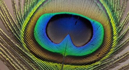 Obraz premium Close-up of a peacock feather showcasing vibrant colors and intricate patterns, capturing its