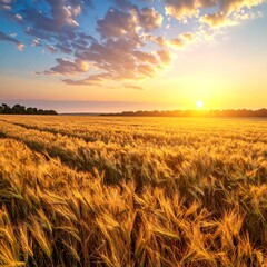 A golden field of wheat swaying gently in the wind under a warm sunset, with clouds dotting the blue sky