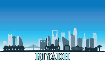 Naklejka premium Global city Riyadh shown in a detailed vector skyline with a bright blue sky 