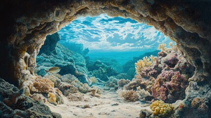 The view from deep within a shadowy cave, looking out at a brilliant, sunlit coral reef teeming with life, contrast