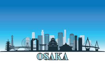 Global city Osaka shown in a detailed vector skyline with a bright blue sky	