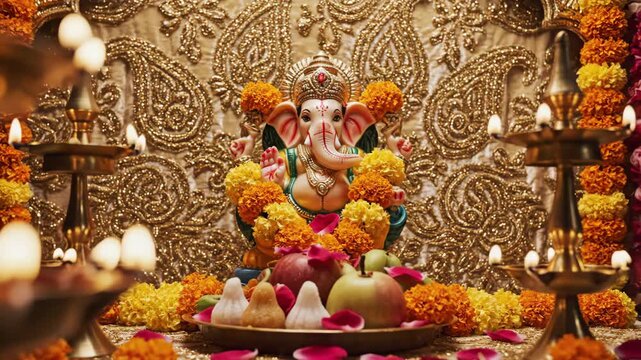 Hindu God Ganesha Offering - A statue of the Hindu god Ganesha is surrounded by marigold flowers and traditional oil lamps, set against a decorative gold fabric background.