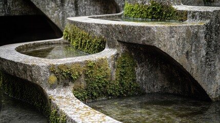 A detailed section of a Scarpa-esque architectural element, concrete forms with water channels, where the water is solidified quicksilver and moss is tiny emerald crystals
