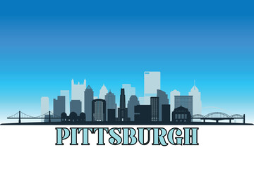 Naklejka premium Global city Pittsburgh shown in a detailed vector skyline with a bright blue sky 