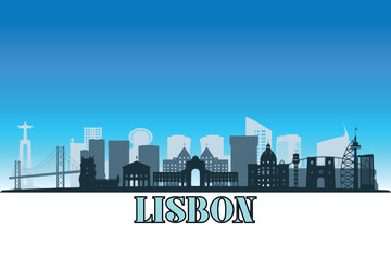 Naklejka premium Global city Lisbon shown in a detailed vector skyline with a bright blue sky 