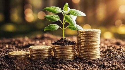 Coins and growing plant symbolizing investment.