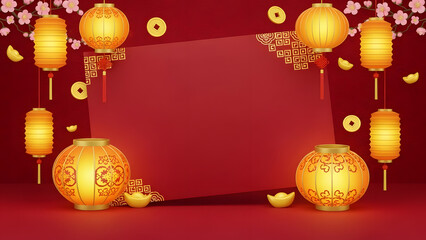Chinese lanterns with decorative elements on a red background for Chinese New Year.  